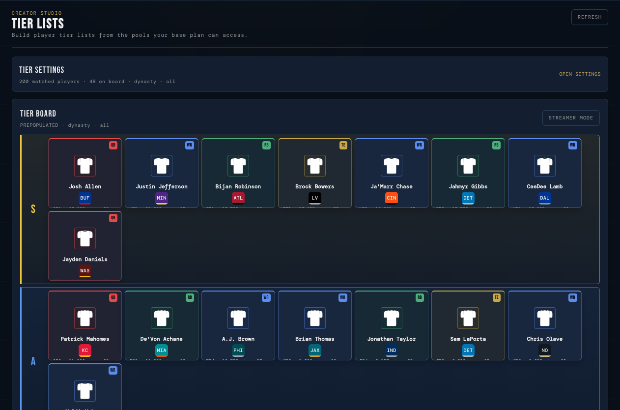 Signals Creator Studio showing a branded fantasy football tier list