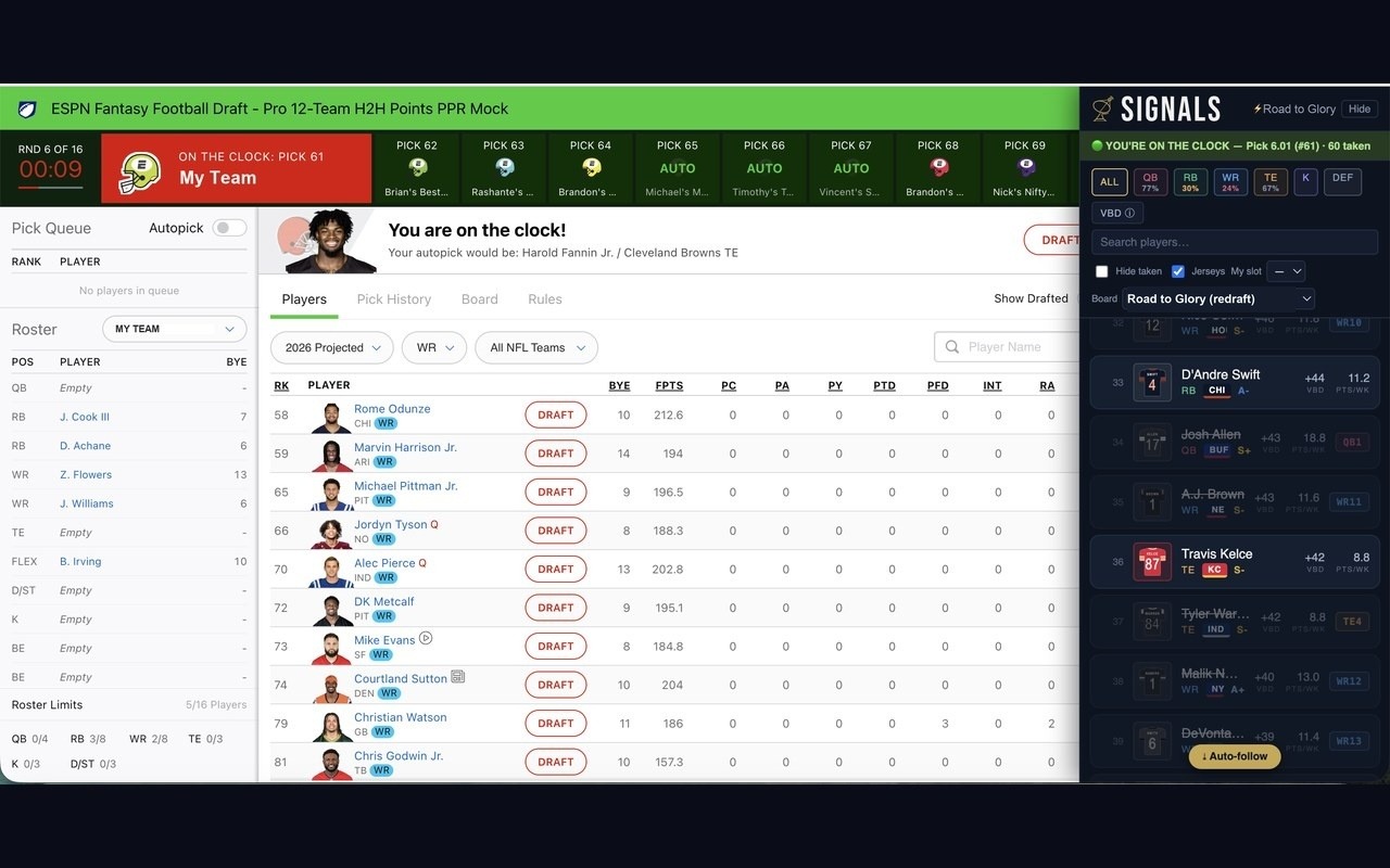 The Signals Draft Overlay running inside an ESPN draft room — drafted players struck through on the board, position scarcity ticking down, and the on-the-clock pick highlighted