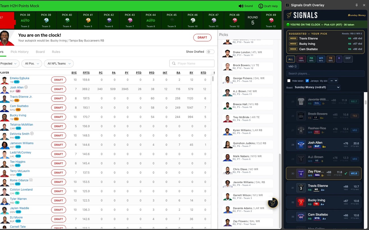 The Signals Draft Overlay running inside an ESPN draft room — drafted players struck through on the board, position scarcity ticking down, and the on-the-clock pick highlighted