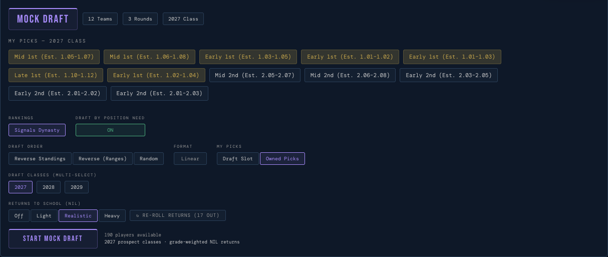 Mock draft settings — draft order, your picks, multi-select classes, and NIL returns that drive pick values