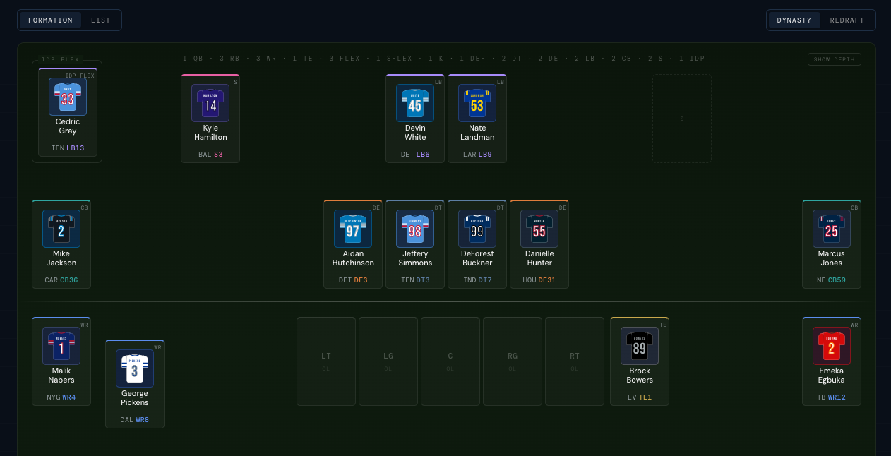 A Fleaflicker roster in Signals — formation view with DT, DE, LB, CB, and S starting slots rendered alongside the offense