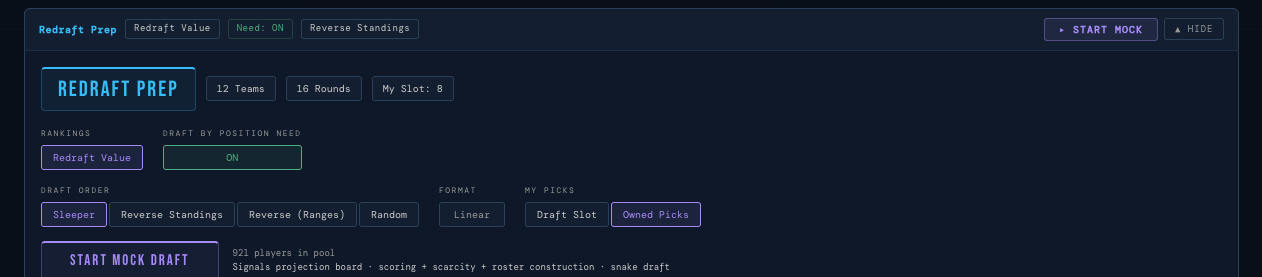 Redraft mock draft settings matched to your league scoring and roster